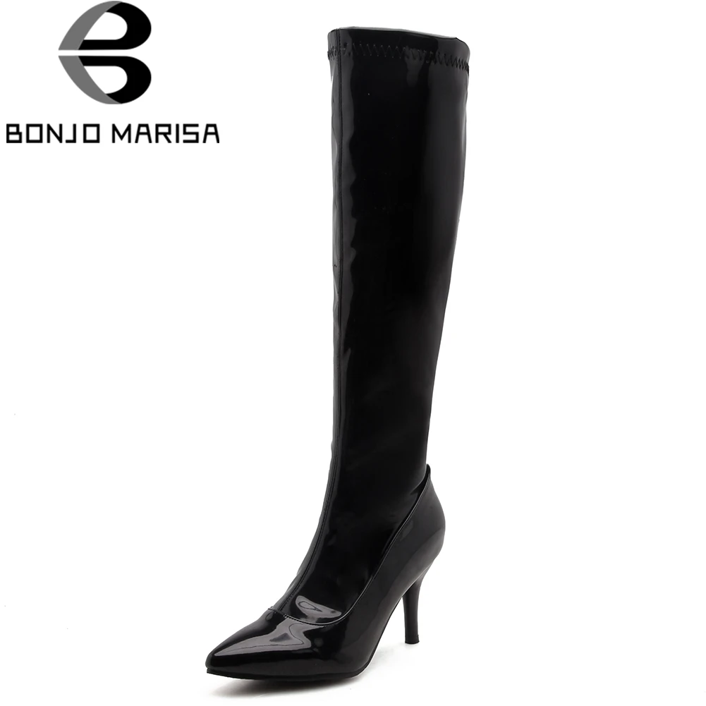 

BONJOMARISA 2019 Autumn Plus Size 32-48 Western Style mid-calf Boots Women Patent Pu Pointed Toe Shoes Woman High Heels