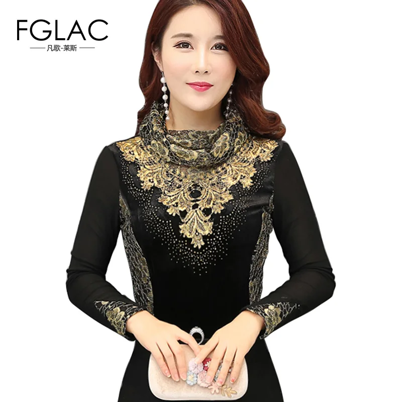 Acheter FGLAC M 7XL plus la taille femmes vêtements Nouveautés 2018 Printemps à manches longues Col Roulé évider dentelle tops Femmes blouse chemise