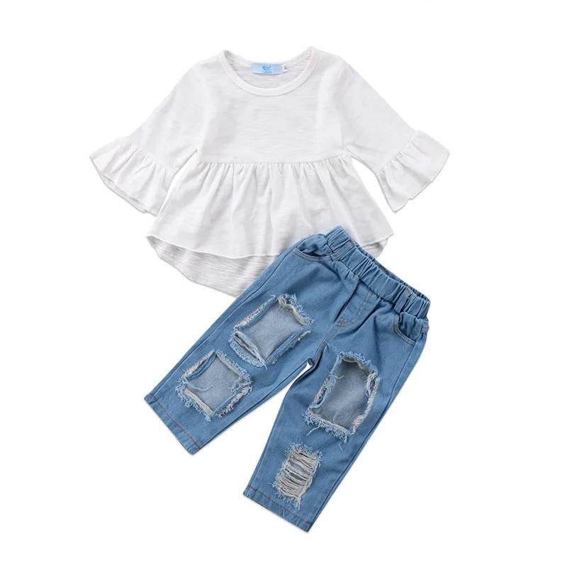 

Newborn Toddler Cute Kids Girls Clothes Cotton Tunic Tops Dress Ripped Denim Pants Outfits Children Clothing 2PCS