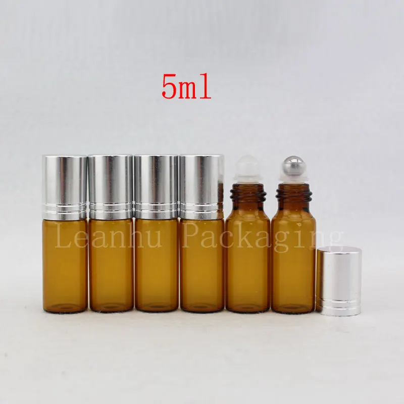 

50PCx 5ml Roll on perfume bottle, 5 ml amber essential oil roll on bottle, small brown glass roller container