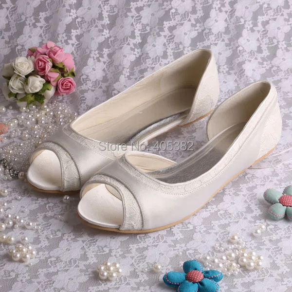 Wedopus Flat Ballerina Ladies Shoes Wedding Bridal shoes Lace Peep Toes