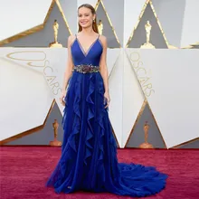 Сексуальное Королевское синее длинное вечернее платье с v-образным вырезом и кристаллическим поясом Brie Larson красный ковер для Оскара платья знаменитостей