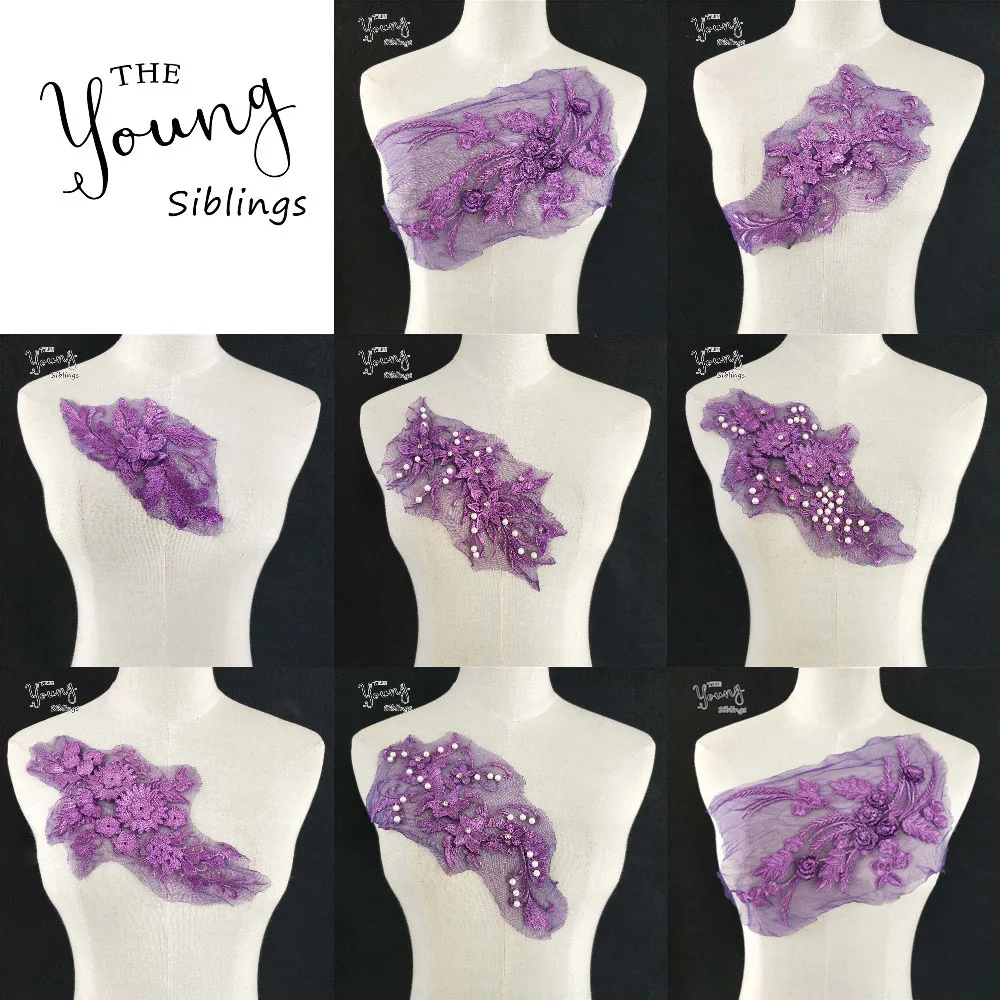 

1PC Purple Embroidery Mesh Organza Guipure Lace Collar Fabric DIY Floral Neckline Lace Sewing Accessories Wedding dress Applique