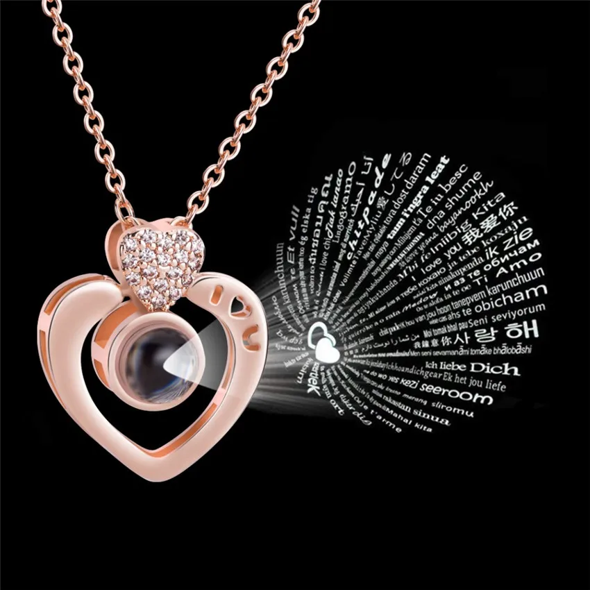 

Rose Gold Silver 100 Languages I Love You Projection Statement Necklace Women Wedding Jewelry Heart Choker CZ Collares Graduatio