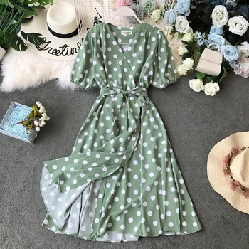 

2019 new fashion women's dresses Summer lace-up straps polka-dot v-neck dress women