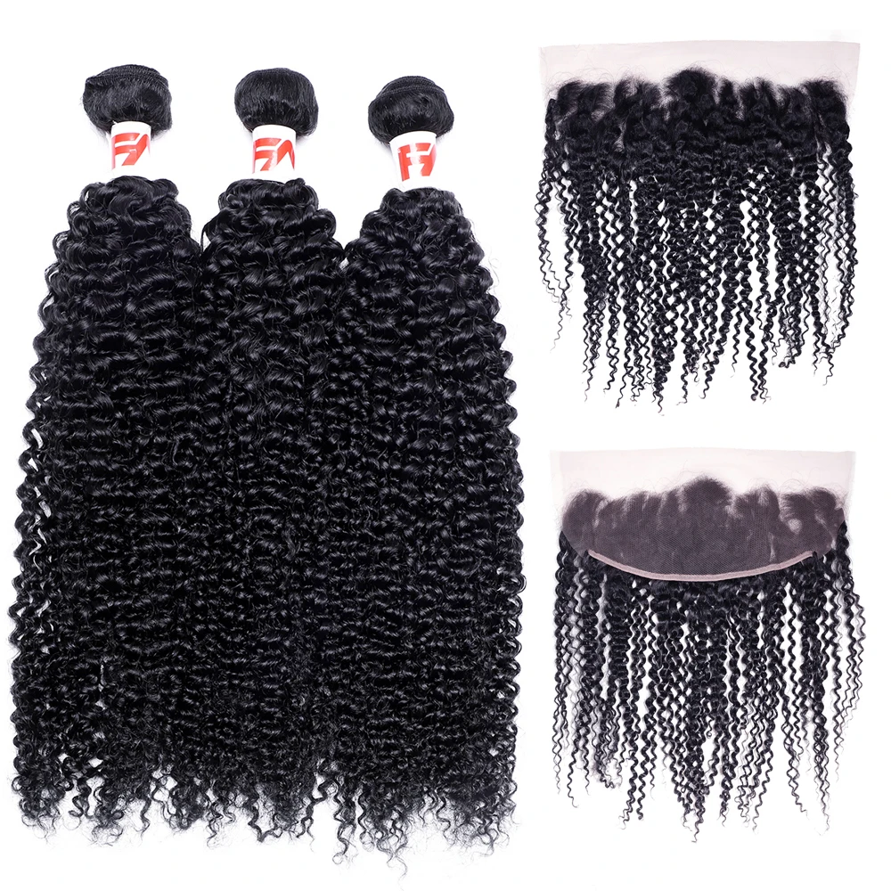 

Curly Wave Hair Weave 3/4 Bundles with Frontal Brazilian Natural Color 9A Remy Human Hair Weft with 13*4 Swiss Lace Frontal