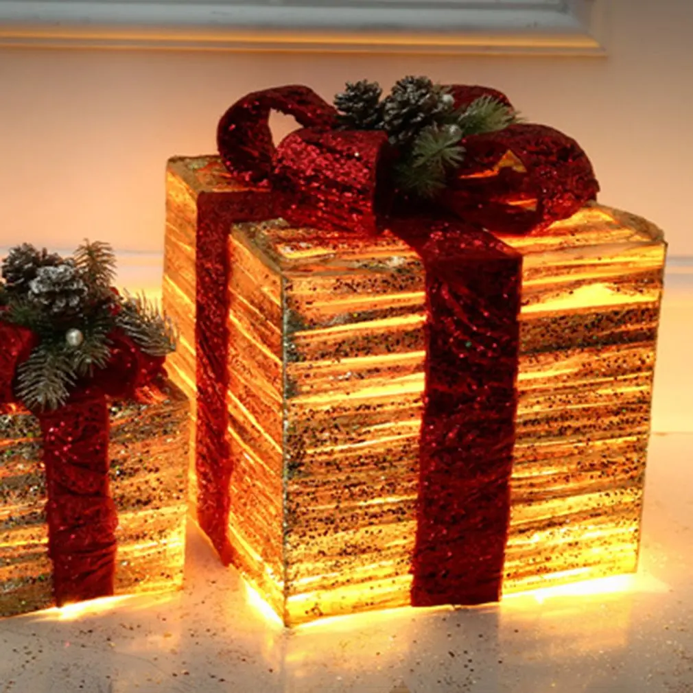 

3pcs/set Watch Christmas LED Wrought Iron Decoration Gift Box Light Up LED Christmas Parcels Gift Box for New Year