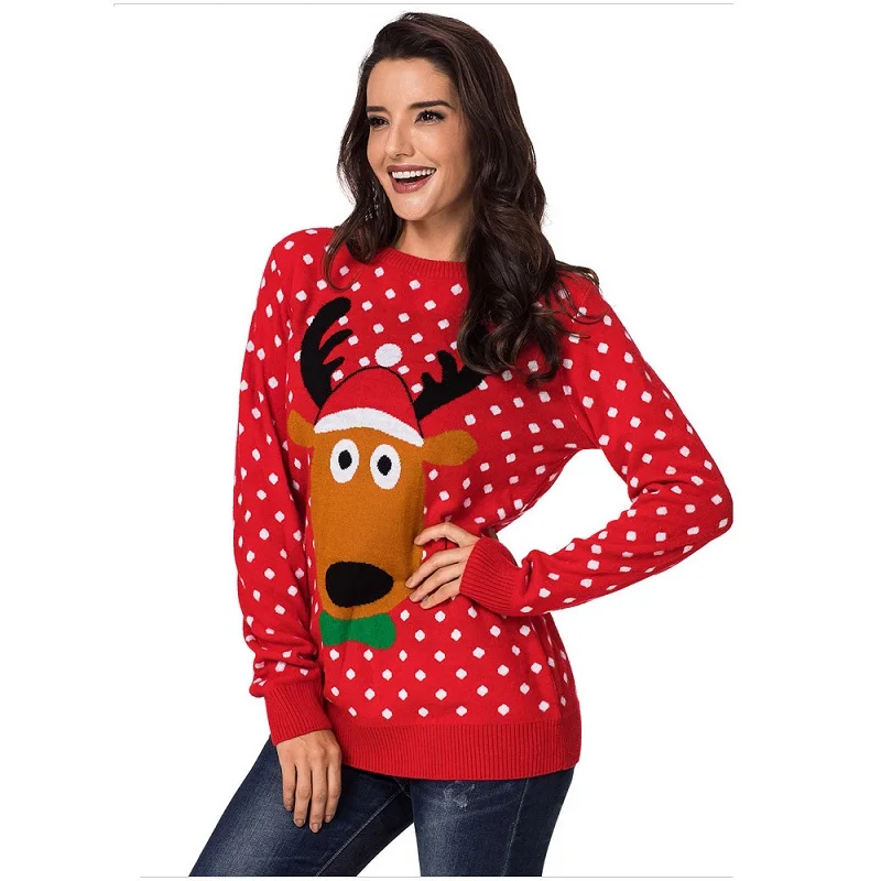 Gladiolus Lovely Reindeer Red Christmas Sweater Women Slim Long Sleeve