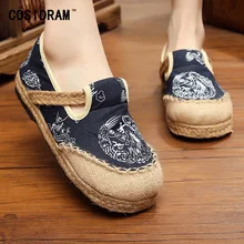 Hemp Linen Canvas Women Flats Spring Women Casual Shoes Chinese Style Printing Slip On Plimsolls Female Ladies Footwear SNE-167