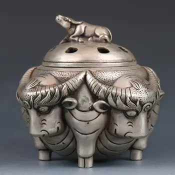 

Collectible Chinese Miao Silver Hand-carved Cattle Incense Burner