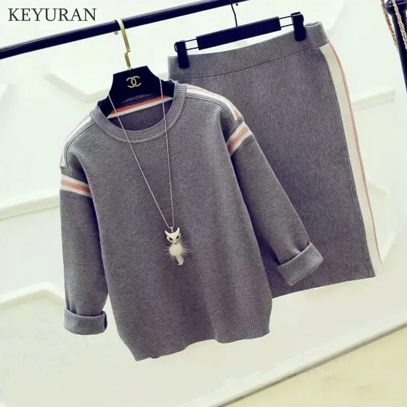 

Runway Knitted Sweaters Two Piece Set Women Striped Long Sleeve Pullover Tops + Elastic Waist Package Hip Pencil Skirt Suits