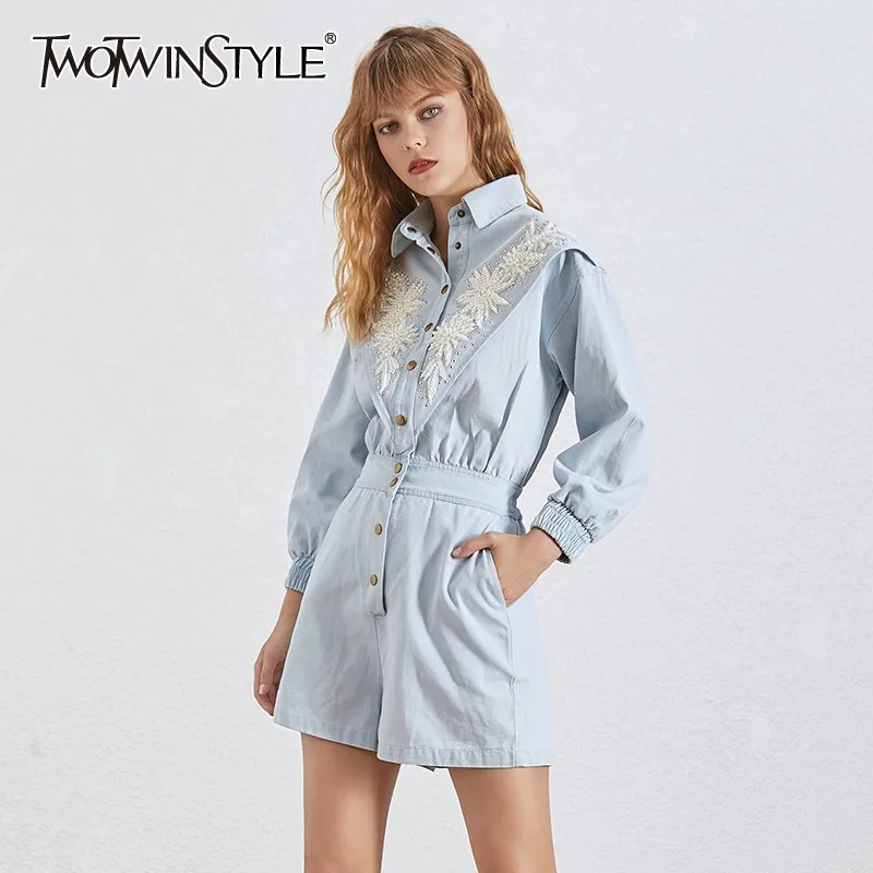 

TWOTWINSTYLE Embroidery Playsuit For Women Lapel Collar Long Sleeve Beading Patchwork High Waist Shorts Female 2019 Summer New