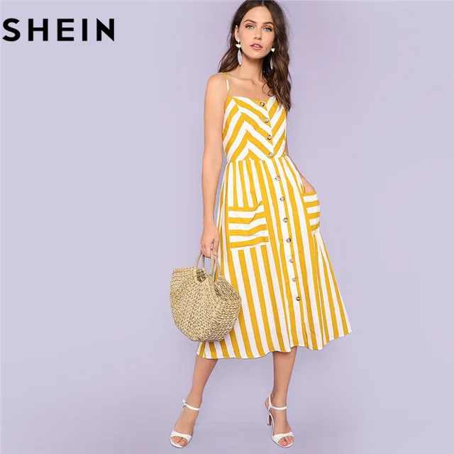 Buy SHEIN Striped Spaghetti Strap High Waist Mid Calf