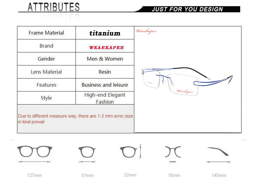 WEARKAPER ультралегкие очки без оправы, очки по рецепту, оптическая оправа без винта, безрамные квадратные титановые очки, оправа для мужчин