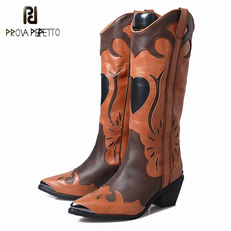 

Prova Perfetto 2018 New Style Cow Suede Leather Slip-on Long Knight Boots Mixed Colors Pointed Toe Thick Heel Fashion Woman Boot