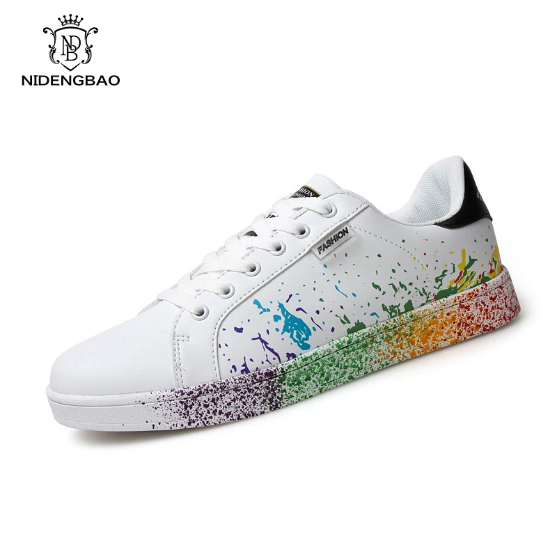 

Big Plus Size 35- 45 46 Lovers Casual Board Shoes Men 2019 Fashion Colorful ink jet Footwear Good Match White Shoes Men Student