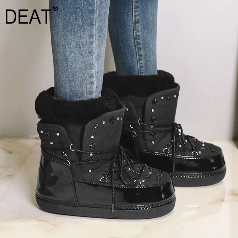 

[DEAT] 2019 New Autumn Winter Round Toe Bandage Pu Leather Fur Casual Velvet Shoes Women Snow Short Boots Fashion Tide 10D290