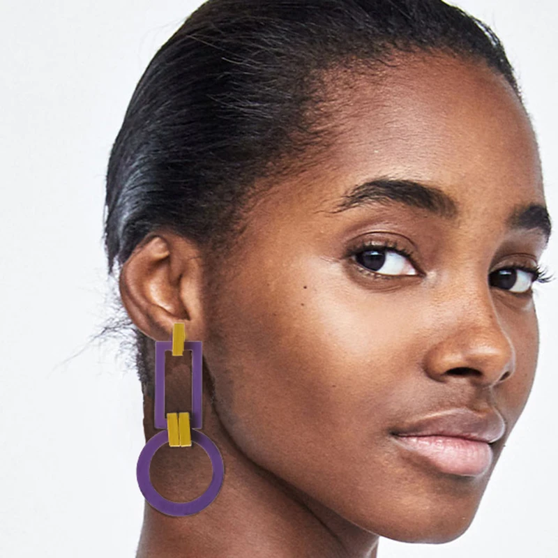 

JERPVTE 2018 Korea New Design Wood Big Double Square Rectangle Hollow Out Round Circle Long Drop Earrings for Women Girl Gift
