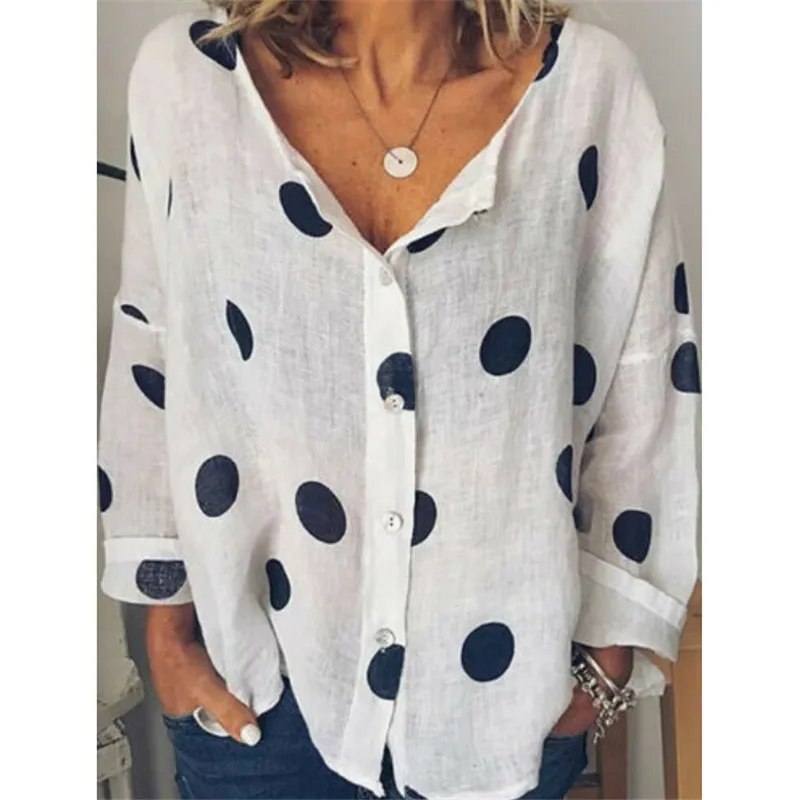 Women Blouse Summer Dot Print V Neck Long Sleeve Blouse Loose Tops Tunic Plus Size Shirts Ladies Blouses Womens Blouses And Tops