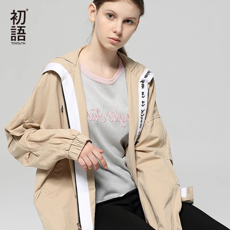 

Toyouth Short Loose Hooded Trench Long Sleeved Zipper Women Coat Khaki Casual Outerwear Autumn Runway Coats