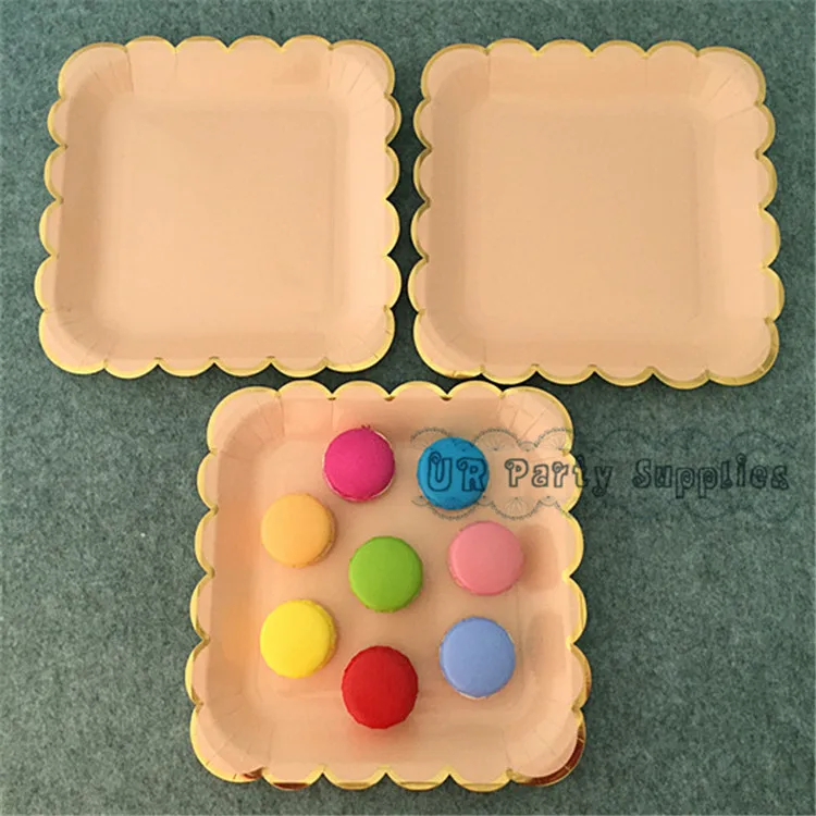 Free Ship 40pcs Coral Pink Foil Gold Paper Plates Cake Dessert Appetizers Dishes Sturdy