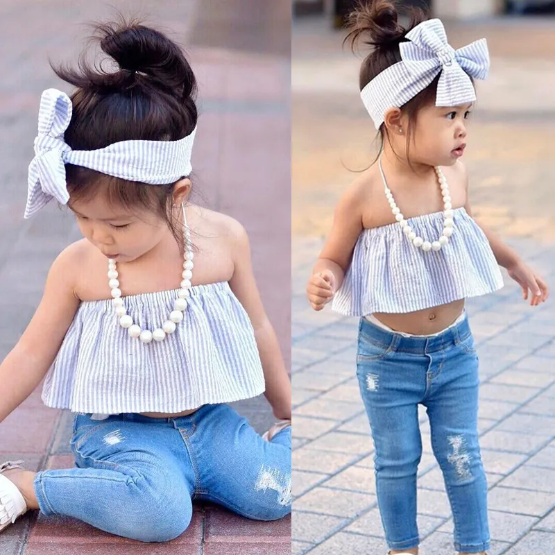 3pc Cute Baby Girl Red Off Shoulder Top Hole Shorts Jeans Headband Outfits Set