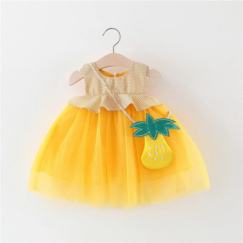 

Summer 2019 Baby clothes For Girls Sweet sleeveless Dress Kids Plaid Mesh Tutu Princess dress+pineapple bag C2671