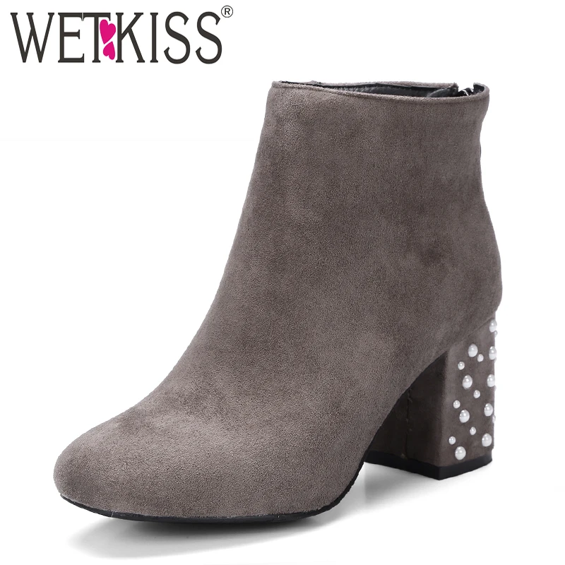 

WETKISS Pearl High Heels Women Ankle Boots Zip Square Toe Footwear Flock Female Boots Shoes Woman 2018 Winter Plus Size 33-47