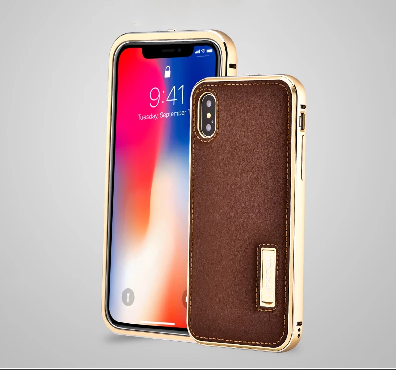 

Original iMatch Genuine Leather Phone Case For iPhone X XR 7 8 Plus Luxury Aluminum Metal Bumper Hard Cover For iPhone XS MAX
