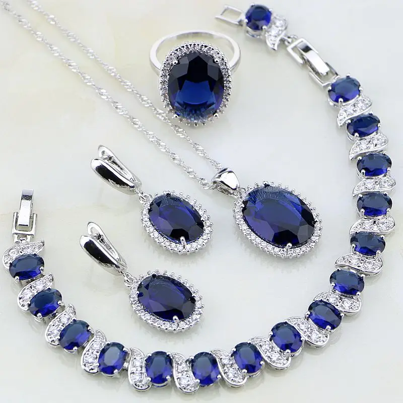 Oval 925 Sterling Silver Jewelry Blue Stones White CZ Jewelry Sets For