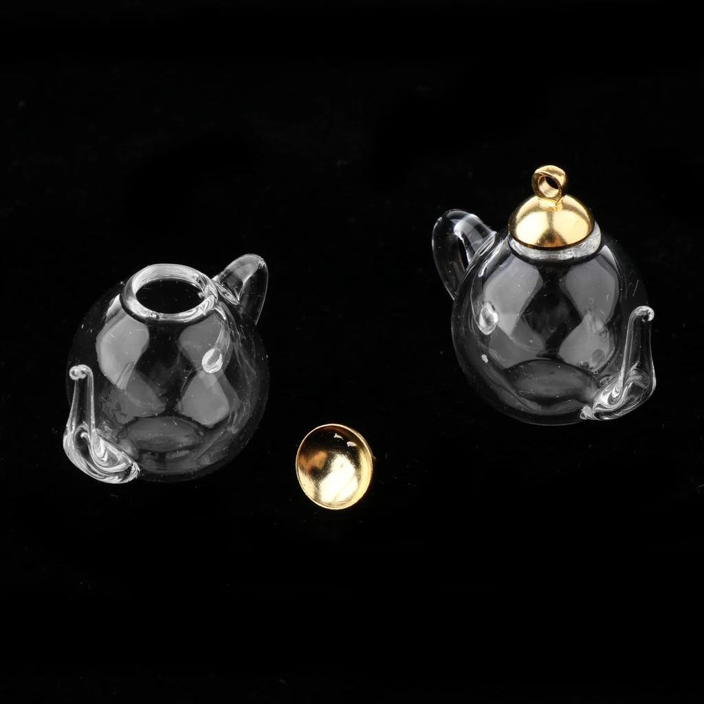 2Pcs Mini Teapot Empty Glass Wishing Cap Bottles Vial Pendant Charms Craft DIY