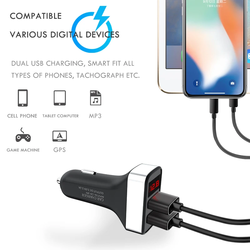 ZNP شاحن سيارة شاشة ديجيتال المزدوج ميناء USB محول 2.1A شاحن سيارة مزدوجة USB ل فون Xiaomi الهاتف كابل شحن لهواتف سامسونج
