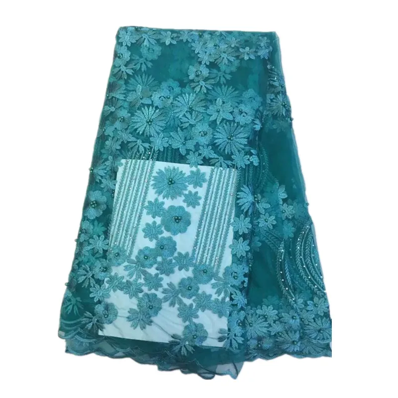 

African blue color embroidery french mesh tulle net lace fabric with beads for dressing