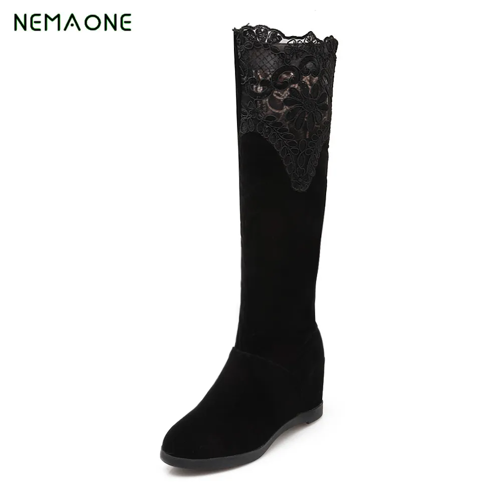 

NEMAONE new Women Knee High Boots 2017 New Autumn Winter PU Heel Wedges Heels Black Round toe Shoes