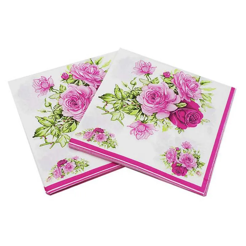 

20Pcs/Pack Hot Sale Rose Paper Napkin Flower Festive & Party Tissue Napkins Decoupage Disposable Party Tableware