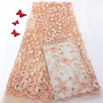 

2019 pink Latest French Nigerian Laces Fabrics with beaded stones Tulle African Laces Fabric Wedding African French Tulle Lace