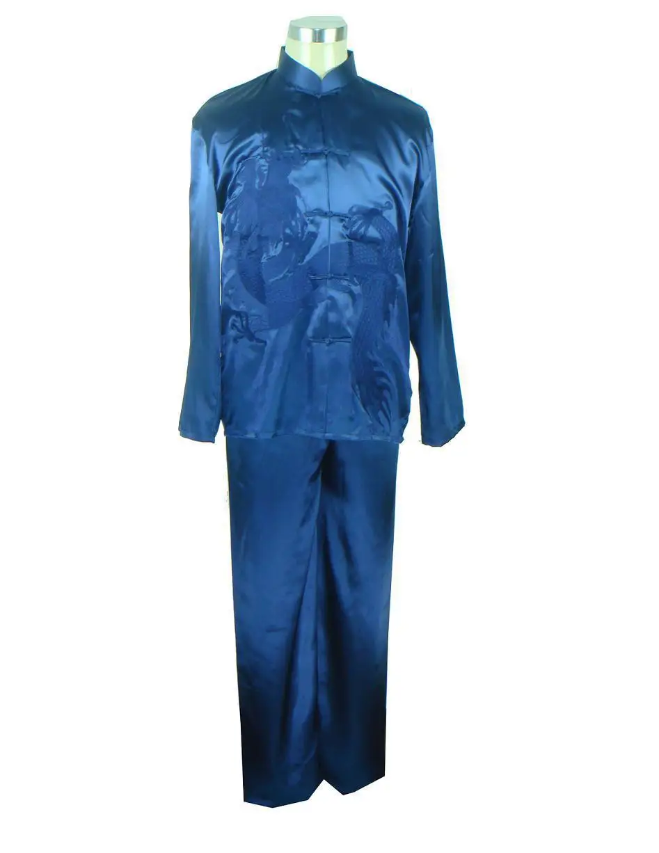 Черный китайский мужской шелковый атлас Кунг-фу наборы вышивка рубашка брюки костюм традиционные Боевые искусства одежда s m l xl XXL M0014