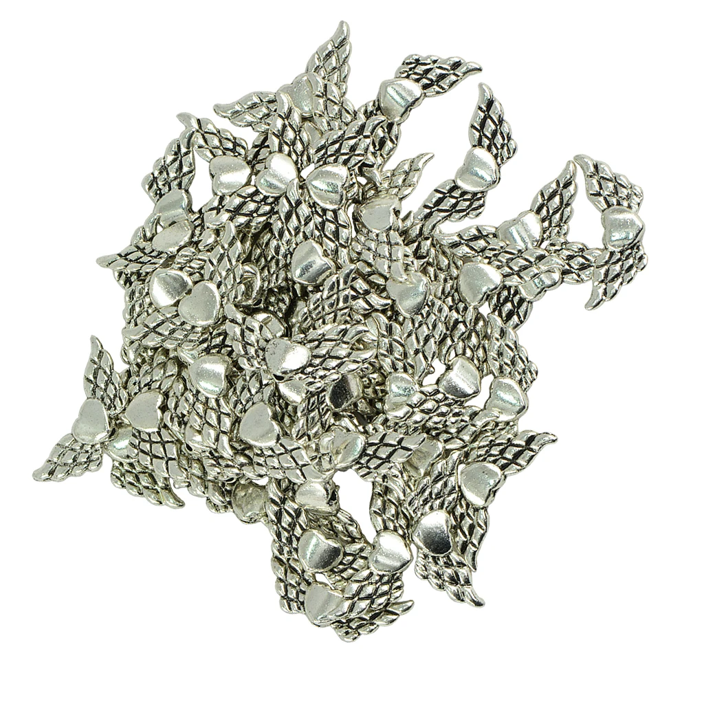 100 Pieces Antique Angel Wing Heart Charm Spacer Beads Jewelry DIY Makings