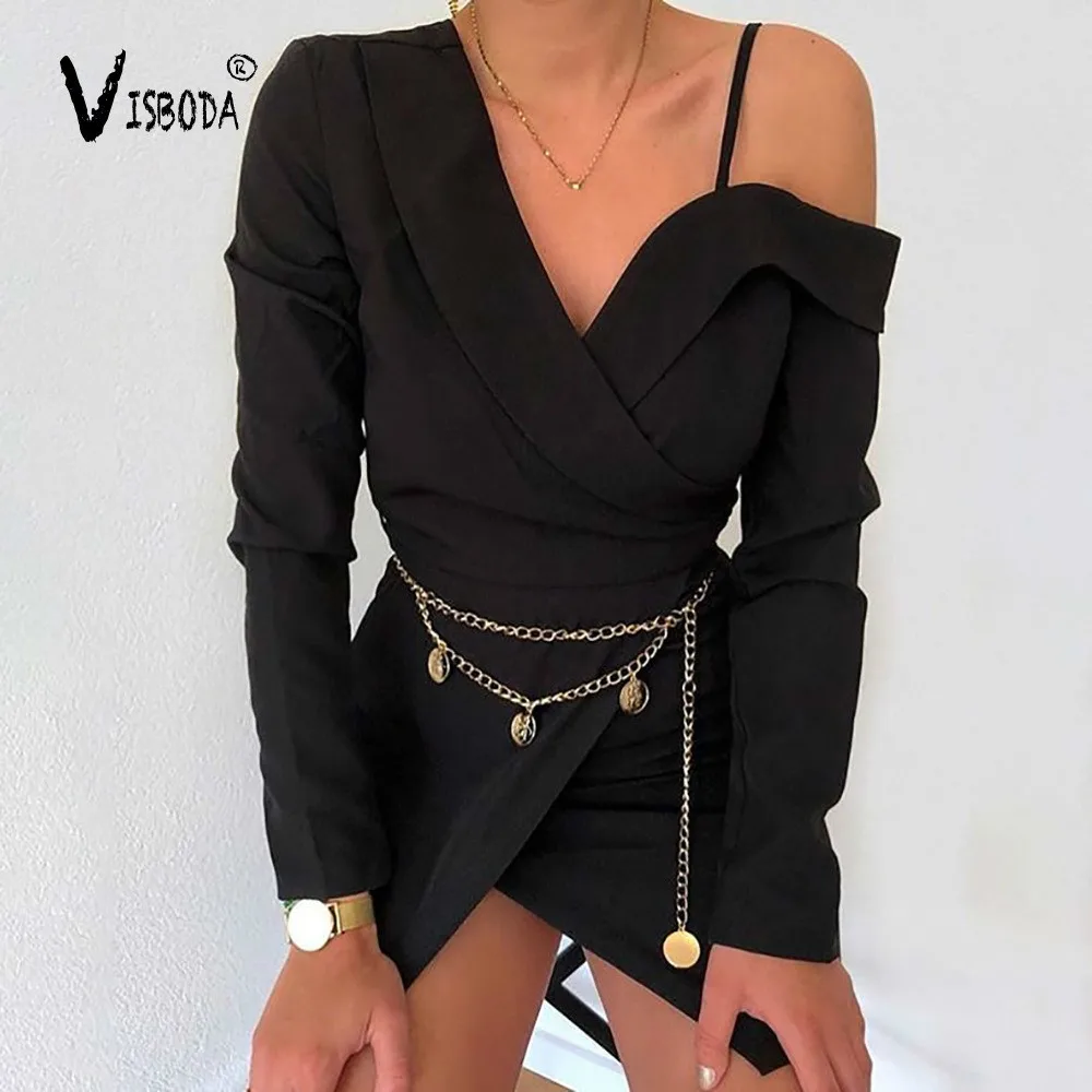 

Women Blazer Dress Shirt One Shouder Long Sleeve Mini Dress Fashion Evening Party Black Dress Female Lace Up Bodycon Dress Femme