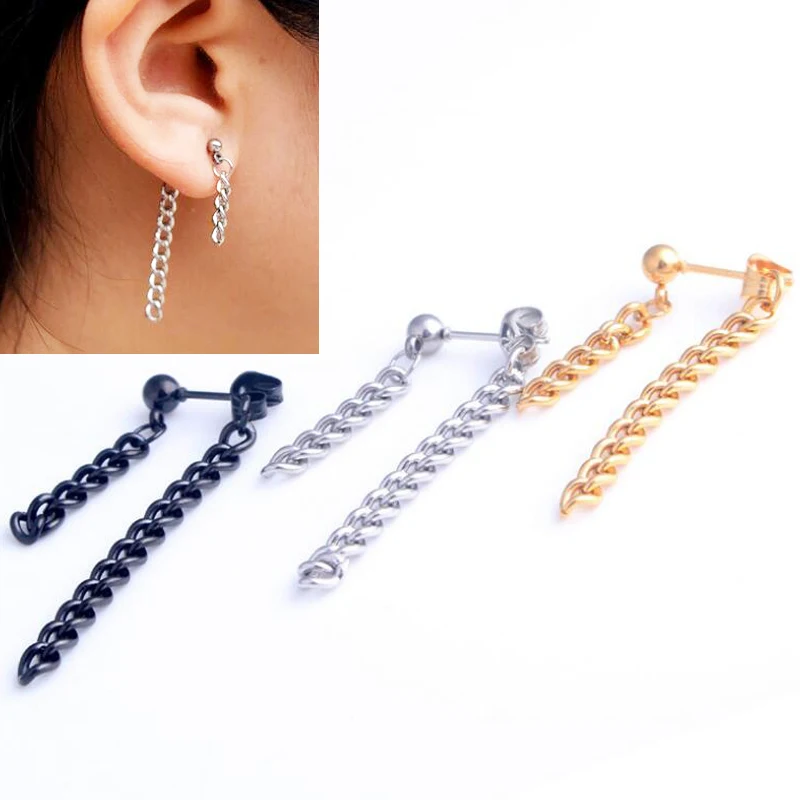2 Pieces Punk 0.8mm Stainless Steel Ball Earring Barbell Tassels Chain