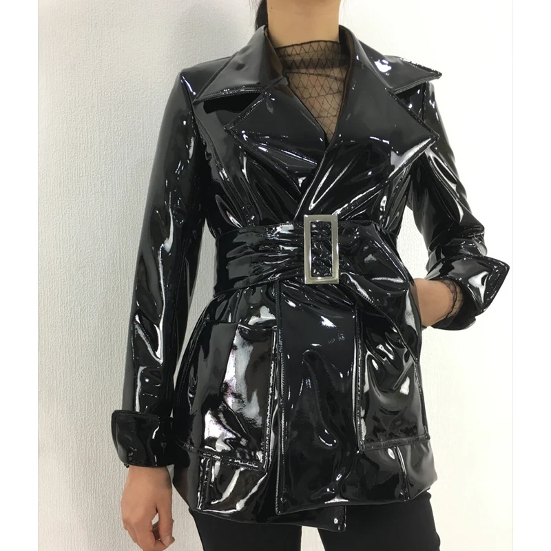 

2019 Spring Autumn New Medium Long Belt Patent Leather Coats Female PU Leather Jacket BF Motorcycle Jackets Black W1687
