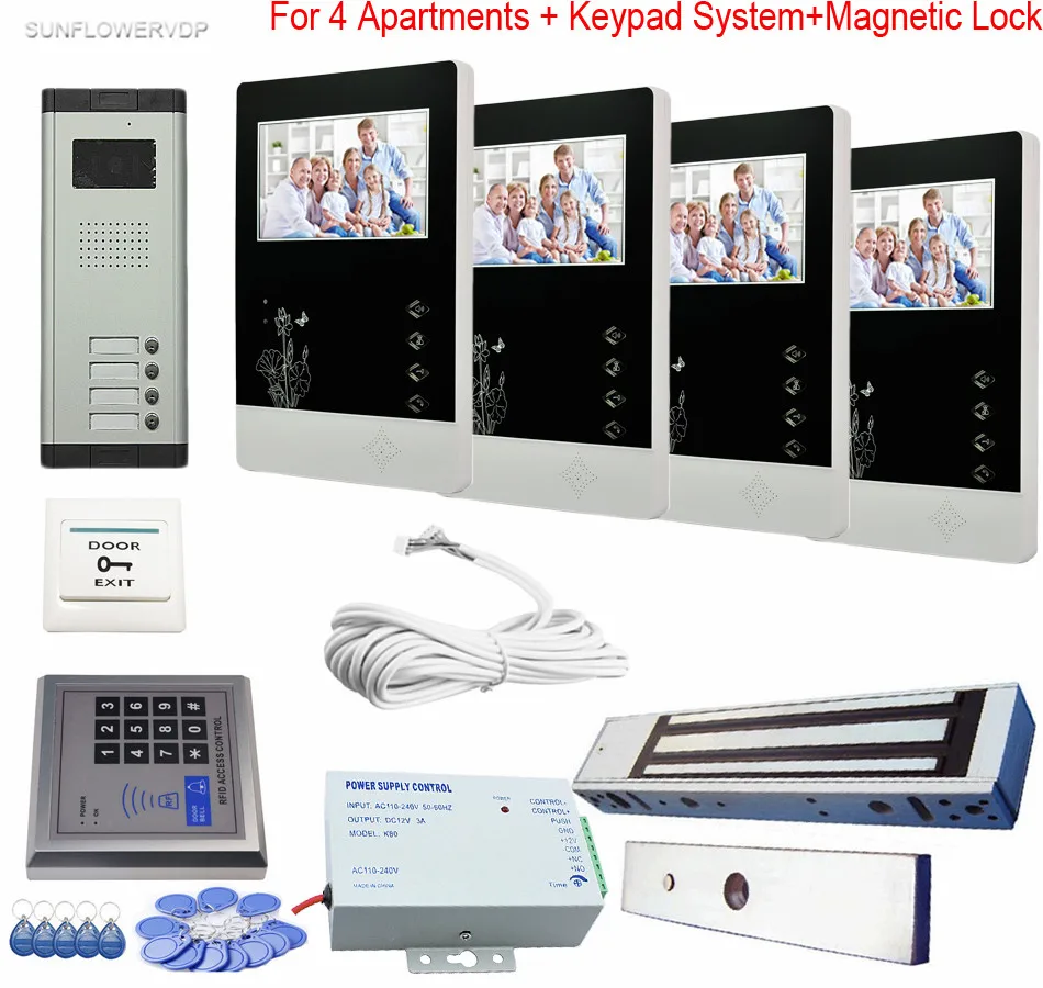 Access Control Keypad Doorphone Video For 4 Apartments Night