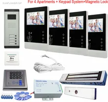 Access Control Keypad Doorphone Video Intercom For 4 Apartments Night-vision CCD Outdoor Camera + Magnetic Lock Color 4.3″ LCD