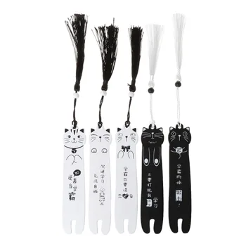 

Cute Cartoon Cat Wooden Bookmark Book Page With Tassel Student Stationery School