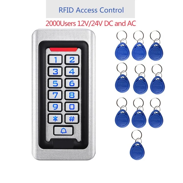 

2000Users Metal Stainless steel RFID Access Control Keypad IP68 Waterproof Outdoors card Reader security 12V/24V DC and AC