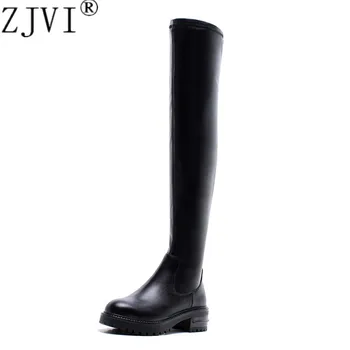 

ZJVI women genuine leather stretch PU thigh high boots womens winter autumn over the knee boots 2020 black platform woman shoes