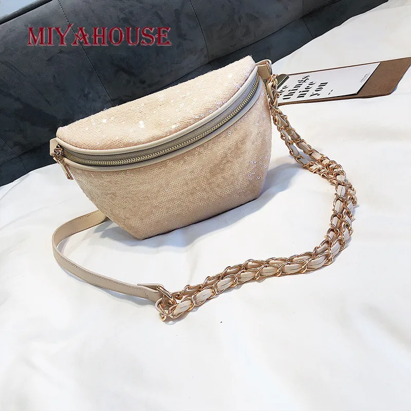 

Miyahouse Trendy Sequin Waist Bags Female Chain Belt Pack For Women Mini Shoulder Bags PU Leather Simple Belt Bags