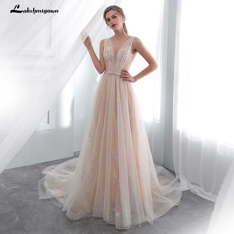 

Vestido De Novia Illusion Beach Bridal Dress Sexy Backless Champagne Long Train Tulle Wedding Dress