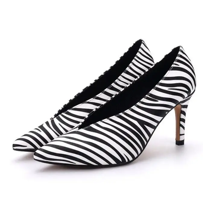 

Carpaton Zebra Printed high Heel Shoes Woman Pointed Toe V-neck Thin Heels Pumps Sexy Party Dress Shoe 35-41