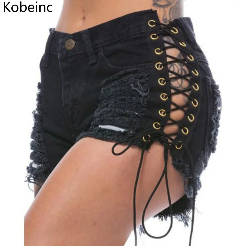 Image Kobeinc Summer Solid Lacing Women Denim Shorts New Hole Short Feminino Slim Sexy Plus Size S Xl Jeans Shorts for Female